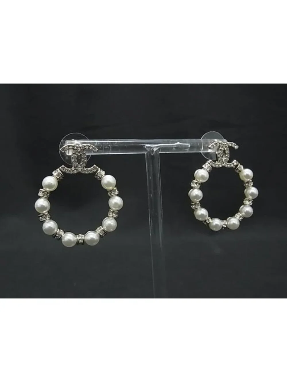 Chanel CC Logo C Rhinestone Earrings Gold Ivory